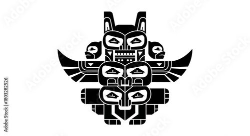 Black and white tribal totem animal icon, bold symmetrical shapes