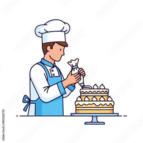 Male baker wearing chef hat and apron, decorating cake with piping bag