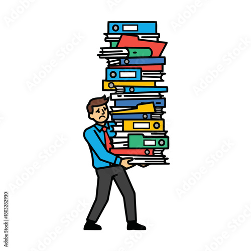 Stressed man in blue shirt and red tie struggling to carry very tall stack colorful folders and binders