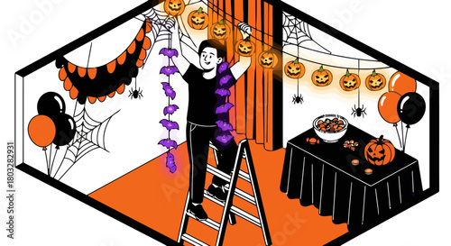 Person decorating room for halloween, hanging pumpkin lights and bat decorations from the ceiling while standing on ladder, with spiderwebs and balloons adding to the festive atmosphere