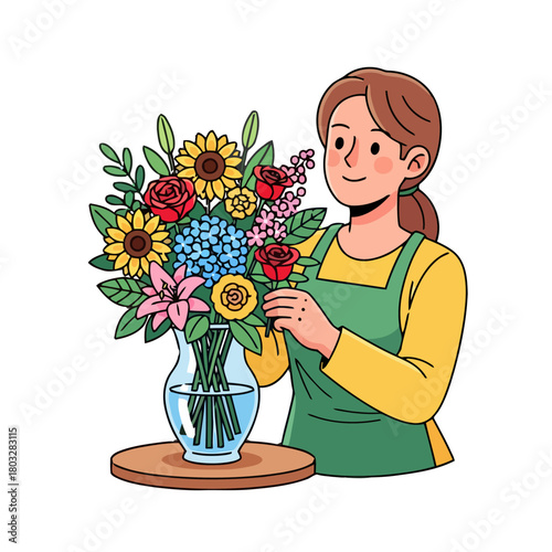 Florist arranging beautiful bouquet flowers in vase