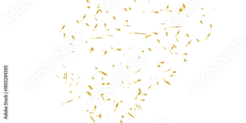 scattered array of golden confetti pieces falling against a stark white background and celebratory atmosphere. Perfect for adding a touch of sparkle and joy.	