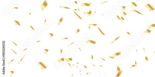  scattered array of golden confetti pieces falling against a stark white background  and celebratory atmosphere. Perfect for adding a touch of sparkle and joy.