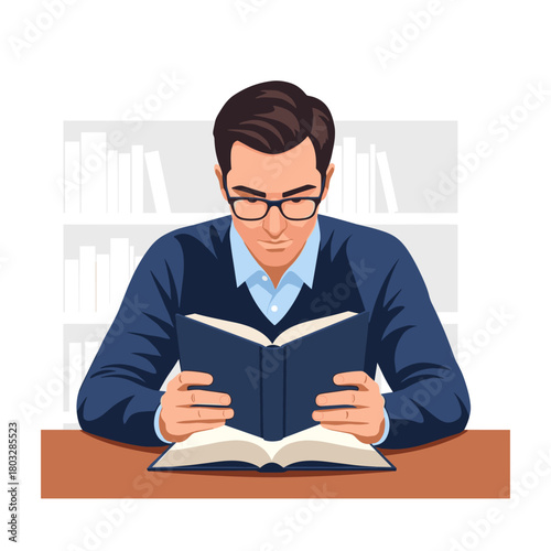 A focused man in glasses reads an open book at a desk, with bookshelves visible in the background.