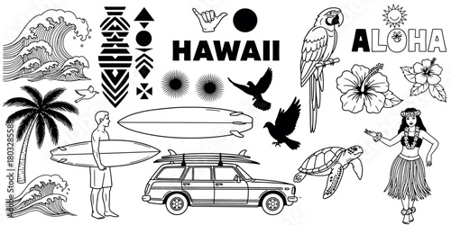 Collection of hawaiian icons and symbols including surfboards palm trees and tropical birds