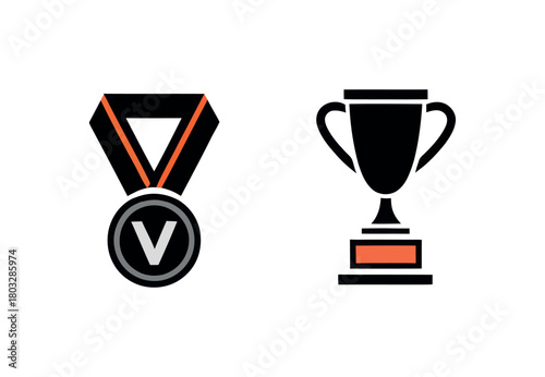 A graphic representation showing a medal with a v and a trophy in black and orange on a white background vector, illustration, artwork