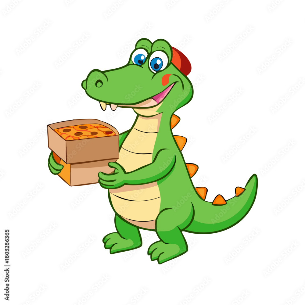 Fototapeta premium Cartoon Alligator Enjoying Pizza While Delivering Multiple Boxes on White Background 