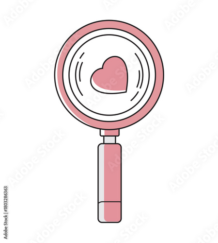 Pink Magnifying Glass Illustration with Heart Symbol Isolated on White Background