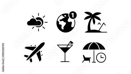 Black and white travel icons depicting sun with cloud globe with notification palm tree and beach plane vector, illustration, artwork