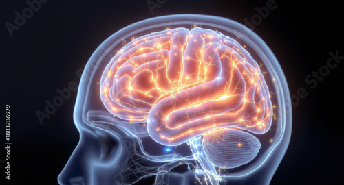 A side view of a human brain shows vibrant neural connections lighting up. The intricate web of signals illustrates brain activity, emphasizing its complexity and function