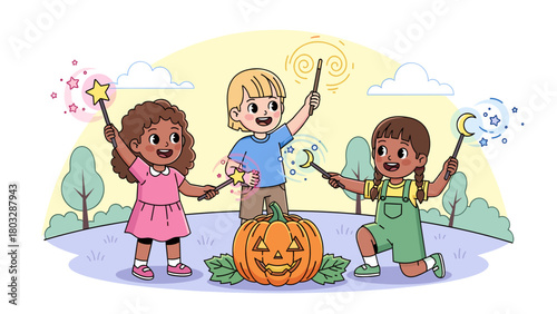 Joyful diverse children playing magic with wands around a carved pumpkin, celebrating imagination and autumn fun