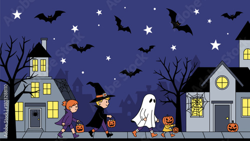Halloween Trick-or-Treating Kids in Costumes on a Spooky Night Street with Flying Bats and Houses