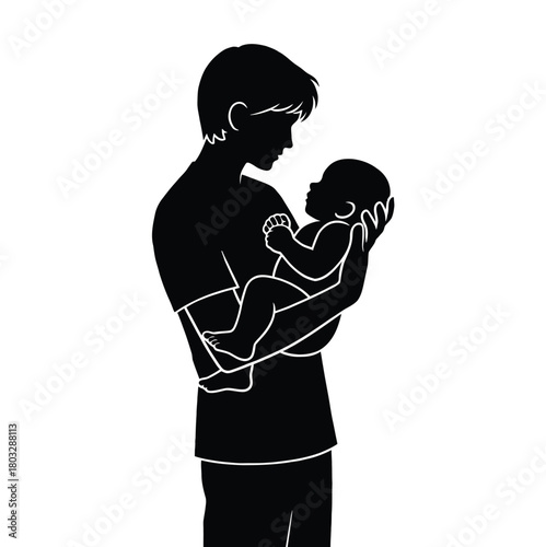 A tender silhouette of a father lovingly cradling his newborn baby