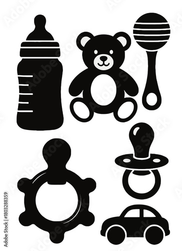 Baby essentials bottle teddy bear rattle pacifier and playful toys illustration