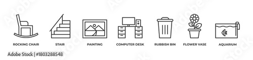 Integrated Living Icons set vector illustration outline with Rocking chair, Stair, Painting, Computer desk, Rubbish bin, Flower vase, Aquarium