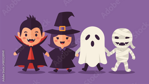 Cute Halloween Friends: Cartoon Vampire, Witch, Ghost, and Mummy Characters Holding Hands