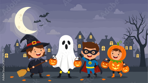 Halloween Night Fun: Children in Costumes Trick-or-Treating with Pumpkin Buckets, Witch, Ghost, Superhero, Pumpkin