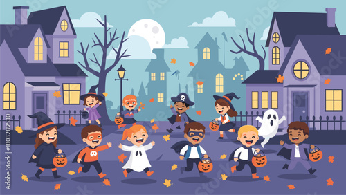 Happy Halloween kids trick-or-treating in costumes at night, festive autumn celebration with spooky houses and full moon