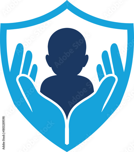 Protecting child Black silhouette of a baby held within protective hands and shield