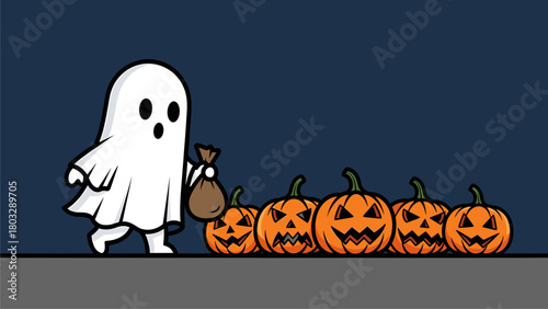 Spooky cute ghost carrying a treat bag past a row of carved pumpkins on Halloween