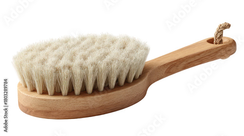 Natural bristle body brush with wooden handle isolated on transparent background