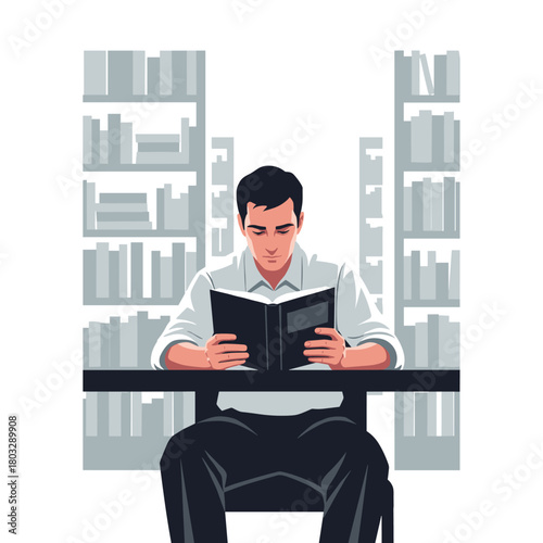 Stylish vector art of a focused man reading a black book in a minimalist library.
