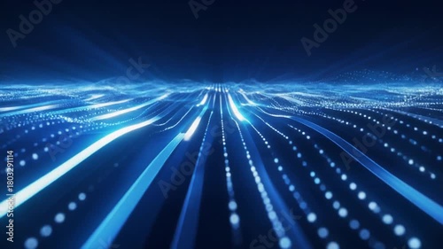Fast moving blue light streaks and particle waves, abstract technology speed background