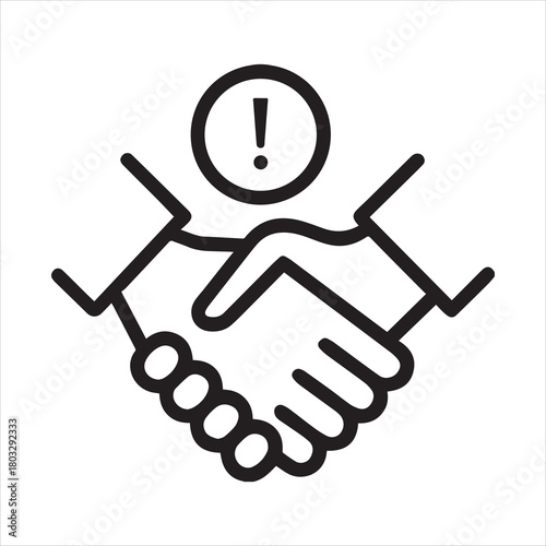 handshake with exclamation mark outline vector icon. avoiding handshake concept