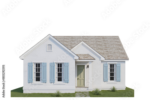 Charming white cottage with blue shutters isolated on transparent background