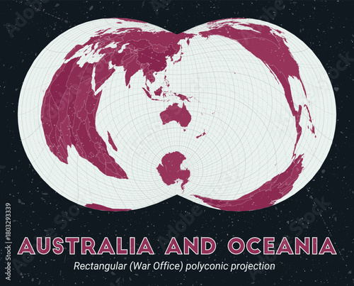 Australia and Oceania. World map. Rectangular (War Office) polyconic projection centered to Australia and Oceania. Pale Mint Dark Pink palette. Vintage texture. Classic vector illustration.