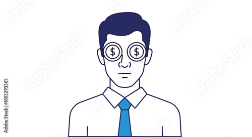 Businessman with dollar coins for eyes, symbolizing financial focus