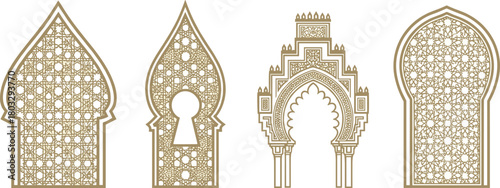 Intricate Islamic geometric patterns adorning decorative architectural archways and windows