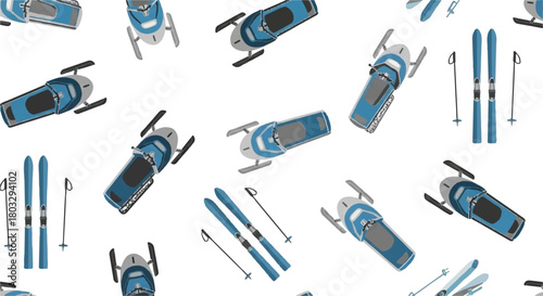 Winter Sports Pattern: A dynamic illustration showcases a repeating pattern of snowmobiles and skis, perfect for designs related to winter activities and outdoor adventures.