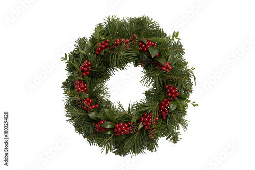 Green christmas wreath with red berries isolated on transparent background