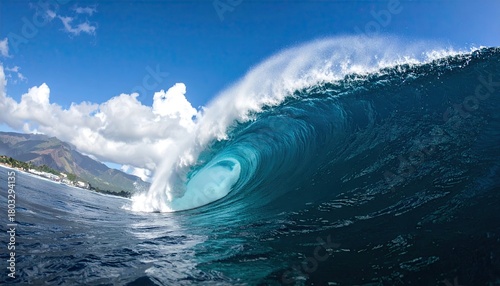Fototapeta Naklejka Na Ścianę i Meble -  Crashing Wave with Aqua Hue and White Foams and Blue Sky and Mountain in Background