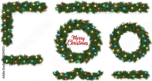Illustrative set of green fir garlands, decorative corners, and elegant wreaths adorned with colorful glowing lights, perfect for festive holiday season decoration