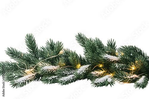 Christmas garland with warm white lights and ornaments isolated on transparent background