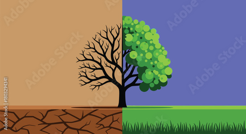 Tree splits dry earth from lush green growth under clear sky