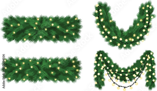 Set of green Christmas garlands decorated with glowing lights. Festive evergreen fir branches for holiday borders and swag decorations