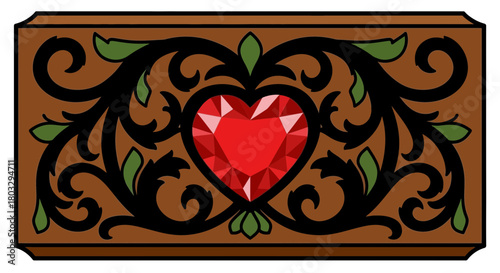 Elegant heart jewel adorns ornate brown scrollwork with green leaves
