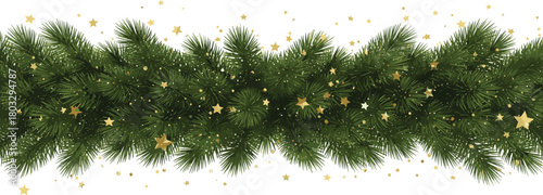Festive Christmas Garland with Sparkling Gold Stars on White Background