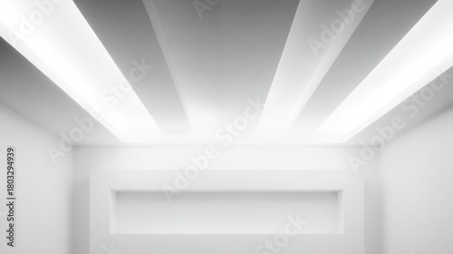 Wallpaper Mural asymmetry. Minimalist white architectural space with clean geometric lines and subtle shadow interplay, real-estate listings. Torontodigital.ca