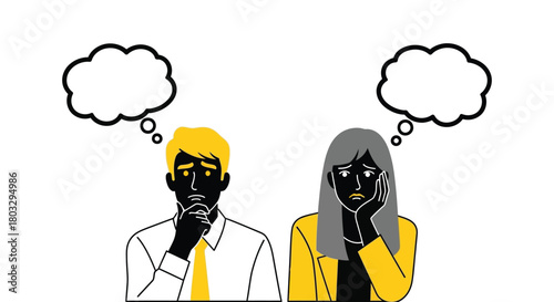 Confused business people pondering with empty thought bubbles over heads