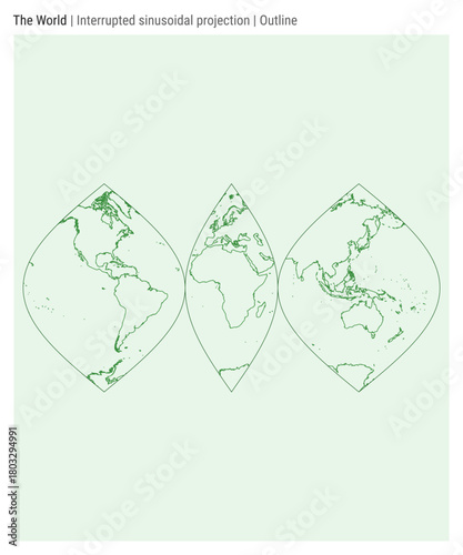 World Map. Interrupted sinusoidal projection. Outline style. High Detail World map for infographics, education, reports, presentations. Vector illustration.