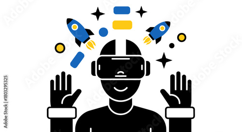 Experience virtual reality adventures with rockets and colorful shapes