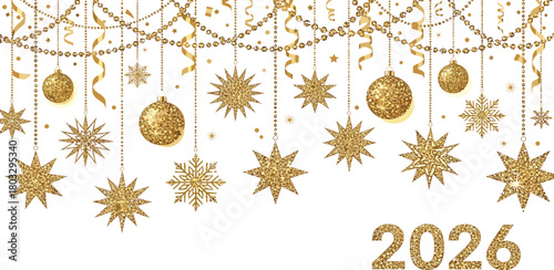 Elegant golden glitter ornaments and stars hanging for a festive 2026 New Year celebration greeting card concept