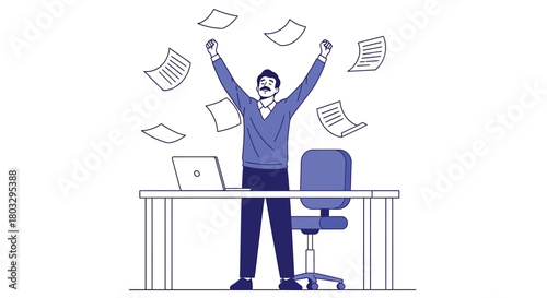 Man celebrates success throwing papers in modern office