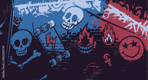 Edgy grunge vector background with graffiti texture, skulls, crossbones, burning flames, a lightning skateboard, and star-eyed smiley faces in a red and blue urban style.