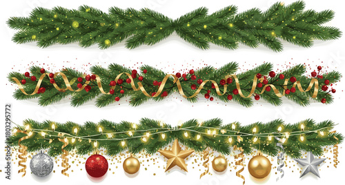 A collection of three decorative Christmas garlands featuring evergreen branches, festive lights, red berries, and shiny ornaments isolated on a white background