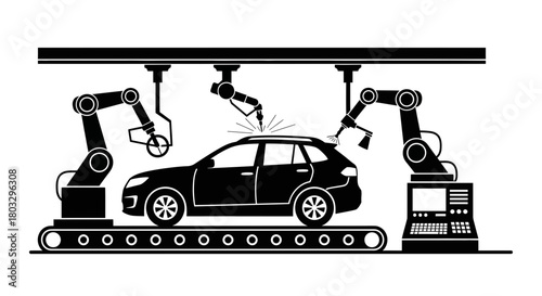 Modern car assembly line with robotic arms welding car body parts